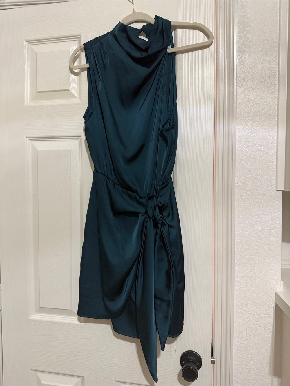 Hello Molly One-Shoulder Teal Knot-Waist Dress